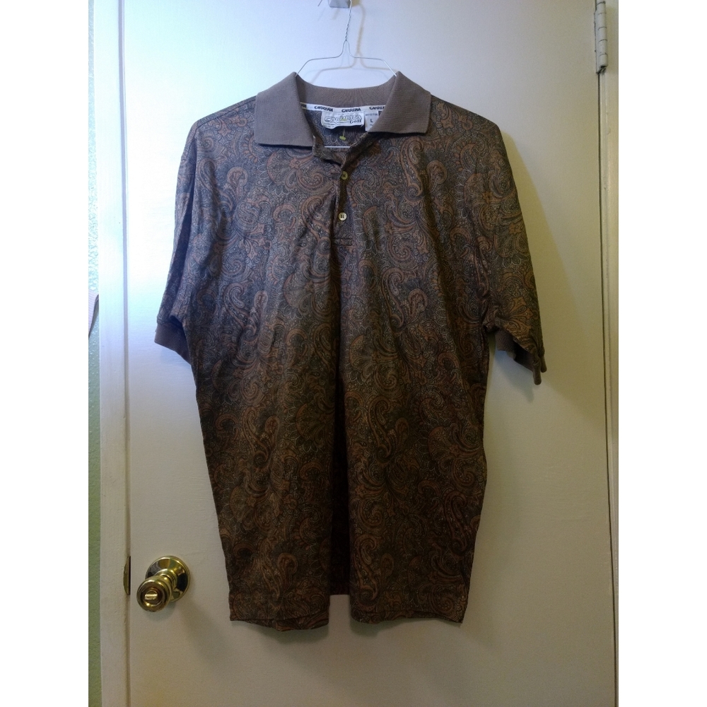 Carrera Golf Collard Paisley Brown Cotton Soft Outdoor Vintage Polo Shirt Large
